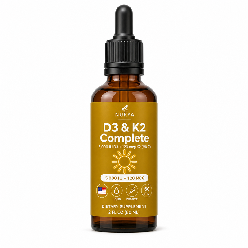 NURYA D3 & K2 Complete — 5,000 IU vitamin D3 with 120 mcg K2 as MK-7, 60 mL drops