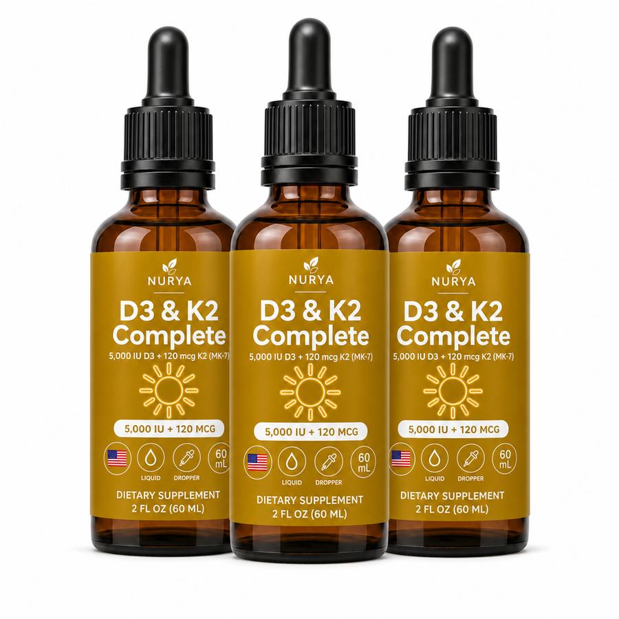 NURYA D3 & K2 Complete — 5,000 IU vitamin D3 with 120 mcg K2 as MK-7, 60 mL drops